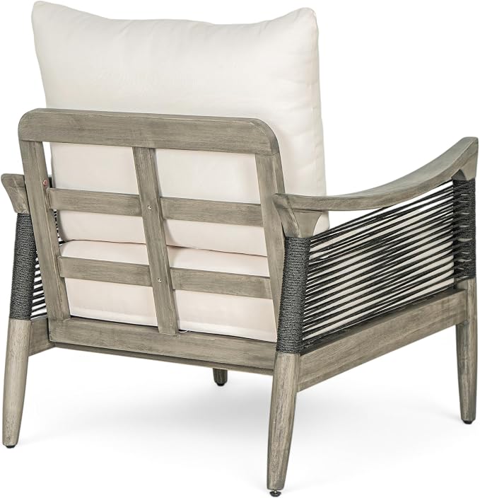 Merax Set of 2 Acacia Wood Patio Club Chairs with Cushions | Grey Acacia Frames, Dark Grey Woven Rope, 6-Inch Seat Cushions And Deep Seating For Porch, Garden, Backyard Or Balcony