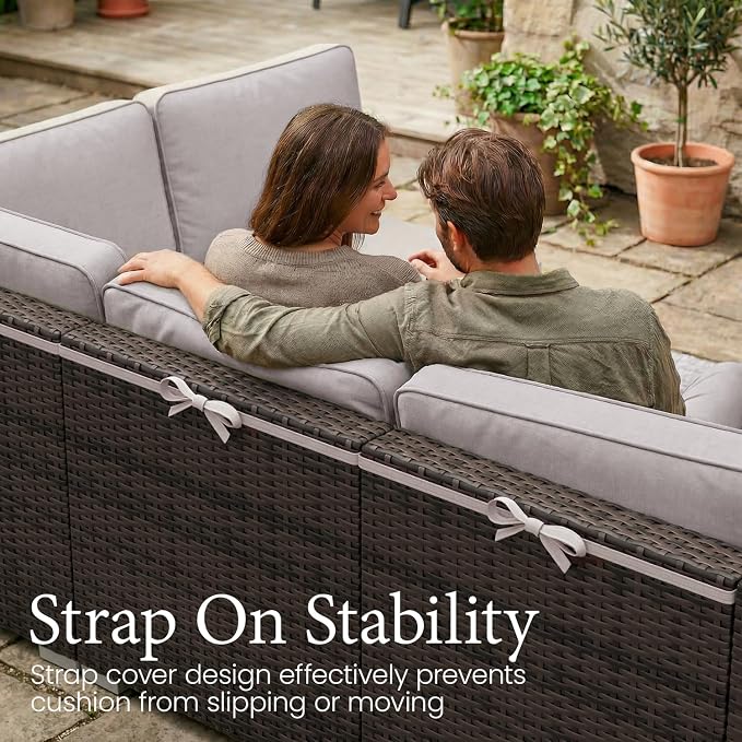 LayinSun 8 Pieces Outdoor Patio Furniture Set with 44" Fire Pit Table Brown Rattan Sectional Sofa Conversation Sets