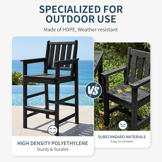 Adirondack Chairs Set of 4, All Weather HDPE Counter Height Bar Chair with Wide Armrests & Footrest, Heavy-Duty Outdoor Bar Height Barstools Set for Patio, Balcony, Pool, Backyard, Black