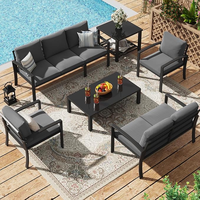 U-MAX Metal Outdoor Patio Furniture Set with Waterproof Cover, 6 Pieces Outdoor Conversation Set with Coffee Table&Side Table, Outdoor Couch Sofa Modern with Dark Grey Cushions for Lawn, Backyard