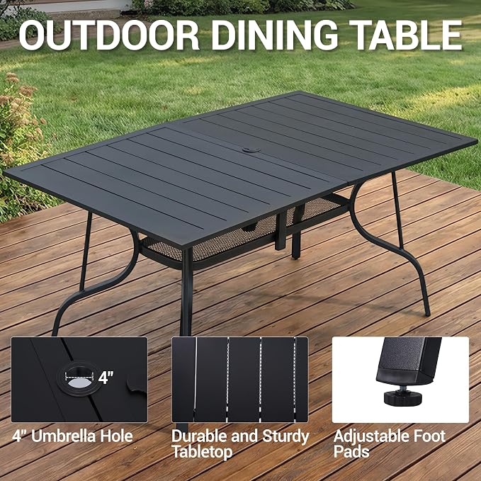 63"x38" Black Patio Outdoor Dining Table, Metal Rectangle Patio Dining Table with Adjustable Umbrella Hole for Garden, Partitioned Storage Shelf, Backyard and Porch, Black