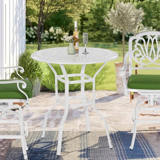 VIVIJASON 35.4" Patio Height Bar Table, All-Weather Cast Aluminum Bar Bistro Table Outdoor Patio Round Dining Table with Umbrella Hole for Balcony, Lawn, Garden, Backyard, White