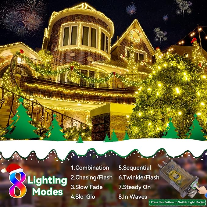 Christmas Lights Outdoor, 125FT 350 LED String Lights 8 Modes and Timer Memory Function Twinkle Fairy Lights Waterproof Plug in for Xmas Tree Wedding Party Holiday Decor(Warm White)
