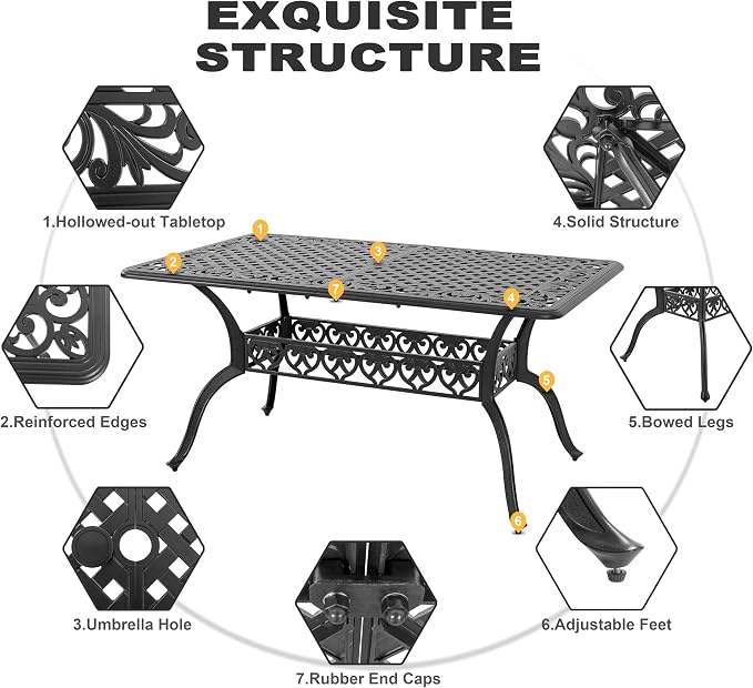 NUU GARDEN 60" Outdoor Dining Table with 2.09" Umbrella Hole, All Weather Cast Aluminum Outdoor Patio Table, 6-8 Person Rectangle Dining Table, Backyard Bistro Table for Garden, Poolside, Black