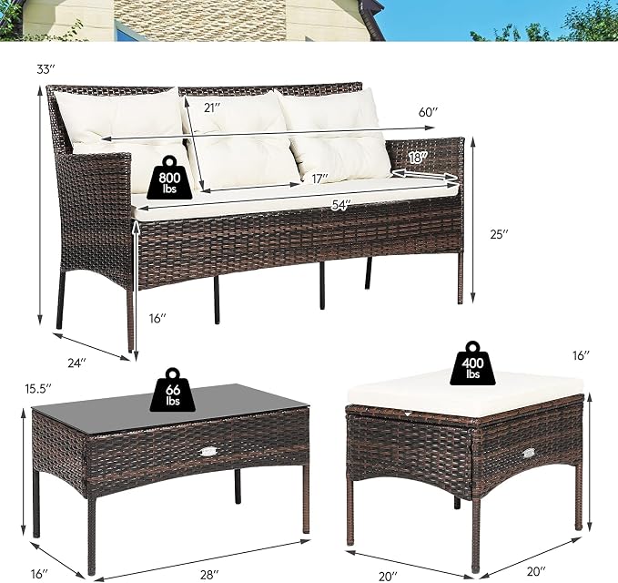 HAPPYGRILL 3PCS Outdoor Rattan Conversation Set Patio Furniture Set with Tempered Glass Coffee Table, 5 Elastic Seat & Back Cushions, Sectional Sofa Set for Poolside Balcony Backyard