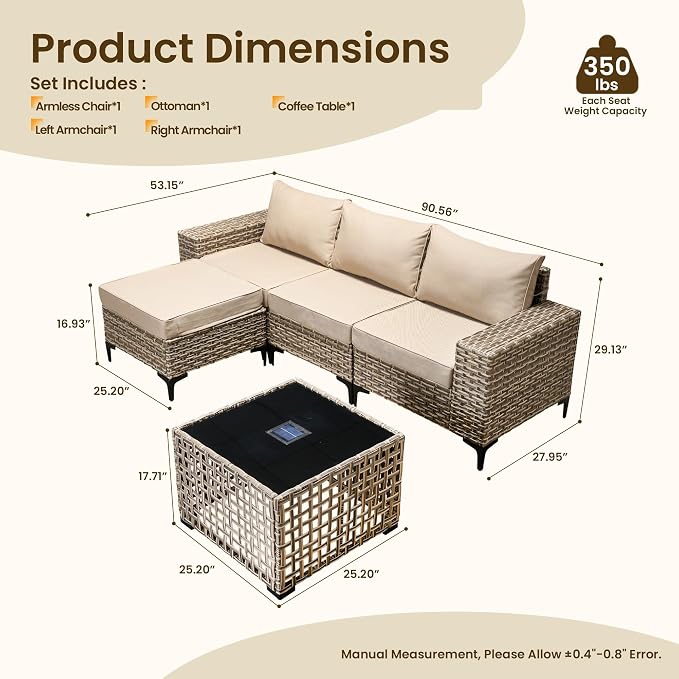 Patio Furniture Set, 5 Pieces Outdoor Wicker Conversation Sets with Coffee Table Outdoor Sectional Sofa for Balcony Backyard Poolside Garden Lawn (Beige)