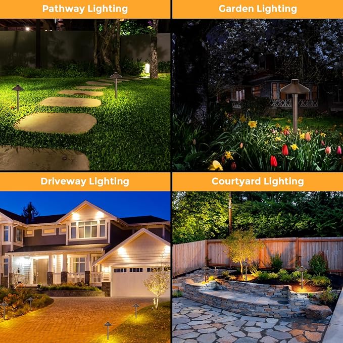 Gardencoin Solid Brass Low Voltage Pathway Lights (6.7'' Shade, 21.9'' Tall), 12V AC/DC Heavy Duty LED Landscape Path Lights Outdoor Wired, Antique Bronze Walkway Lights with Larger Stake, 12-Pack
