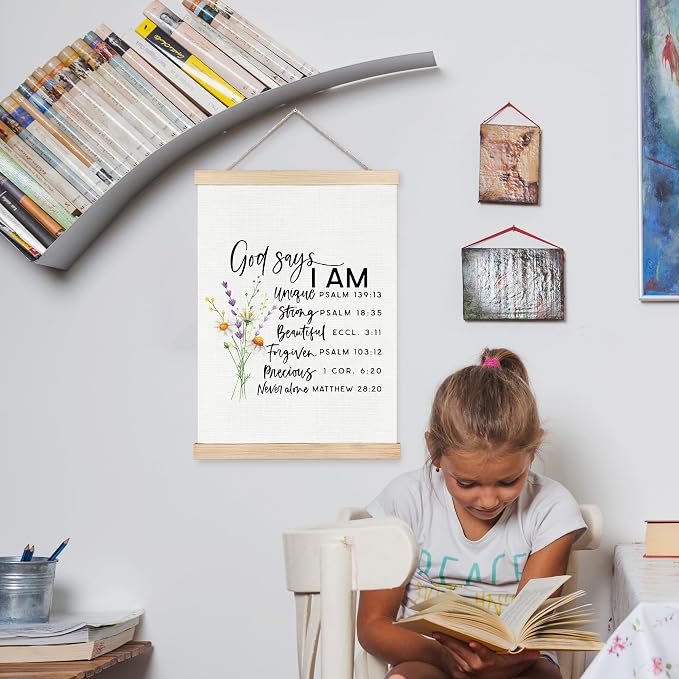 FDHSPAAM God Says I Am Christian Wall Art Decor, Bible Verses Wall Decorations, Inspirational Floral Religious Scripture Wall Art Posters for Home Bedroom Living Room Office Church, 12x16 Inch