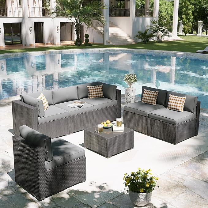 Aoxun Patio Furniture Set, 7 Piece Outdoor Sectional Sofas with Waterprool Cover, Wicker Rattan Outdoor Furniture Patio Conversation Set for Backyard, Garden Light Grey