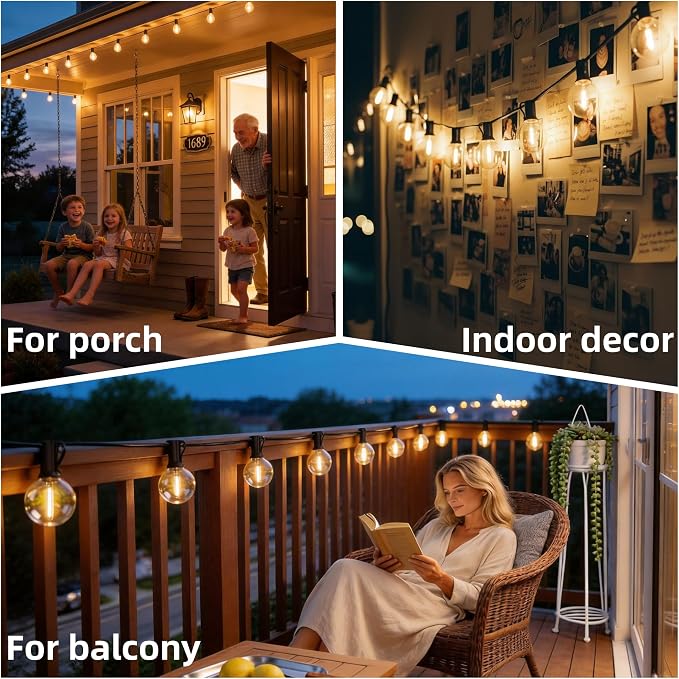 RTTY Outdoor String Lights 25 FT Waterproof, Patio Light 13 G40 LED Bulbs | Shatterproof Dimmable Vintage Edison Bulb, Connectable, Hanging Light For Outside, Balcony, Cafe, Bistro, Porch, Warm White