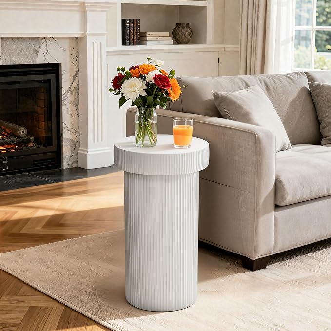 24" Pedestal Side Table, 3-in-1 Durable Lightweight Round Coffee Table, Decorative Patio Accent End Table Fluted Garden Stool Art Decor for Poolside, Balcony, Living Room, White