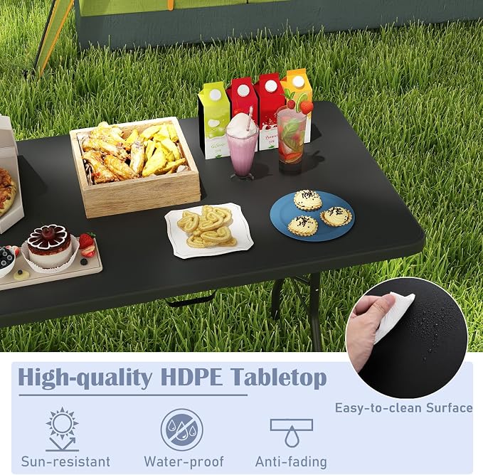 Tangkula 8 FT Folding Table, Indoor Outdoor Foldable Plastic Table with HDPE Tabletop, Sturdy Metal Fame, Carrying Handle, Heavy Duty Portable Fold-in-Half Picnic Table for Camping BBQ Party