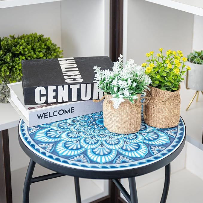 VCUTEKA Mosaic Outdoor Side Table, 14" Round Small Patio Accent Table Indoor End Table for Yard, Garden, Living Room, Bistro Balcony or Lawn Blue