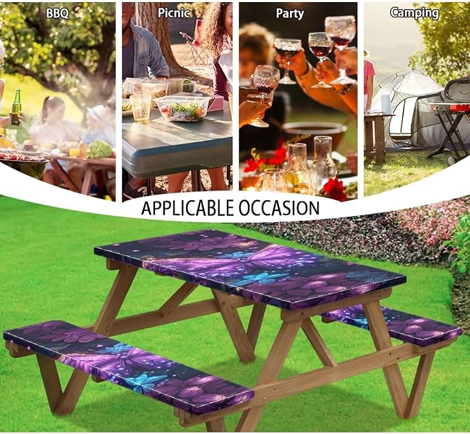 Butterfly Picnic Table Cover with Bench Covers Camping Essentials Outdoor Table and Chairs Decorative Sets Flexible Picnic Table 3 Piece Set Suitable for BBQ Picnic Party Camping