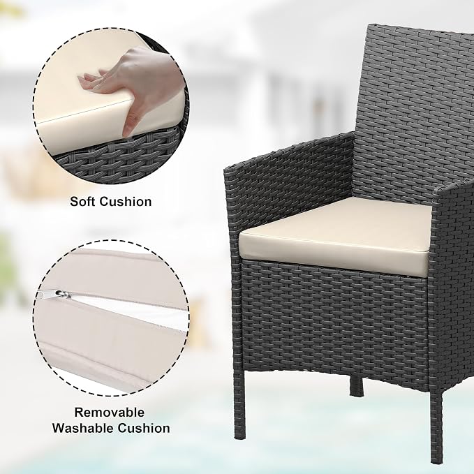 GarveeLife 3 Pieces Patio Furniture Set, Outdoor Furniture Sets with Cushions and Tempered Glass Table for Porch & Garden, Black Wicker/Beige Cushions