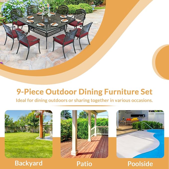 9 Piece Outdoor Patio Dining Set for 8, Cast Aluminium Large Square Dining Table & 8 Cushioned Stackable Chairs, Umbrella Hole, Patio Furniture Set for Garden Porch Poolside, Chili Red
