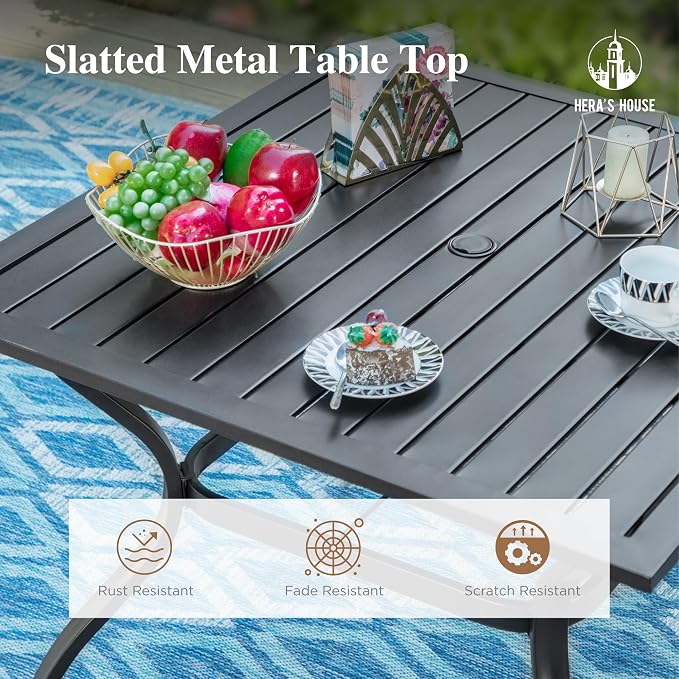 HERA'S HOUSE 5pc Patio Dining Set for 4, Outdoor Metal Table & Brown Chairs | Textilene chairs + 37" square table with umbrella hole. Waterproof, rust-resistant, all-weather for backyard, porch