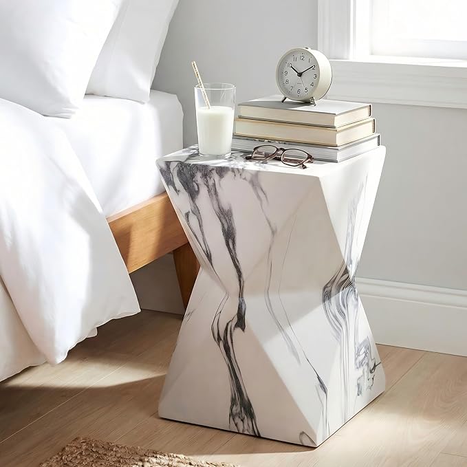 Christopher Knight Home 18.5 Inch Modern Geometric MGO Side Table Hourglass Accent End Table Faux Marble Look Indoor Outdoor Patio Living Room Bedroom
