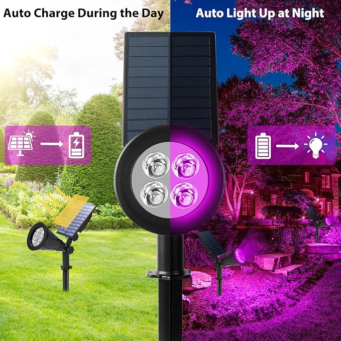 T-SUN [2 Pack] LED Solar Spotlights, Waterproof Outdoor Security Landscape Lamps, Auto-on/Auto-Off by Day, 180 Angle Adjustable for Tree, Patio, Yard, Garden, Driveway, Stairs, Pool Area(Purple) | 4 LEDs, 2 Lighting Modes, IP65 Waterproof Dusk to Dawn ...