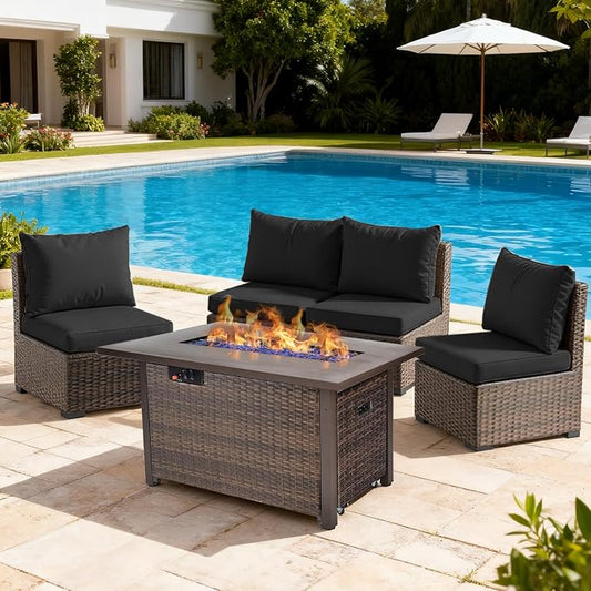 5 Pieces Patio Furniture Set with 42" Fire Pit Table, Outdoor Patio Sectional Sofa, Wicker Rattan Conversation Set, Black