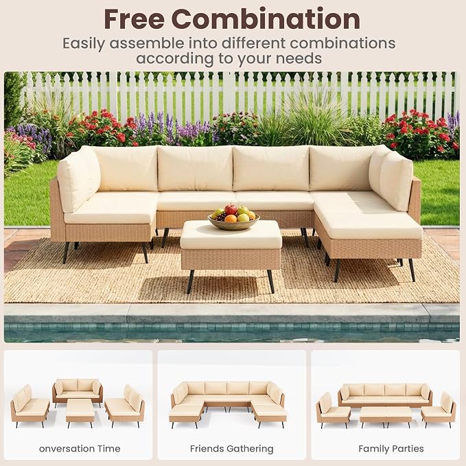 Pamapic 8-Piece Wicker Outdoor Furniture Set, All-Weather Patio Conversation Set with Thick Cushions & 2 Multi-Use Ottomans, Sectional Sofa Patio Furniture Set for Backyard, Porch, Beige