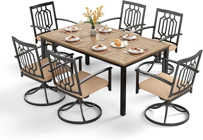 PHI VILLA 7 Pieces Outdoor Dining Set for 6, 65" Rectangular Wrought Iron Wood-Like Table with Umbrella Hole & Swivel Metal Steel Chairs, Outside Furniture Set for Patio, Porch, Deck, Backyard