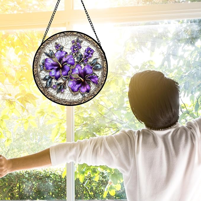DASTOLL Stained Glass Window Hanging, Purple Flowers Romantic Suncatcher for Doors Home Sun Catchers Decoration and Christmas, Mother's Day Birthday Gifts for Women, Men, and Mom 6.3 in