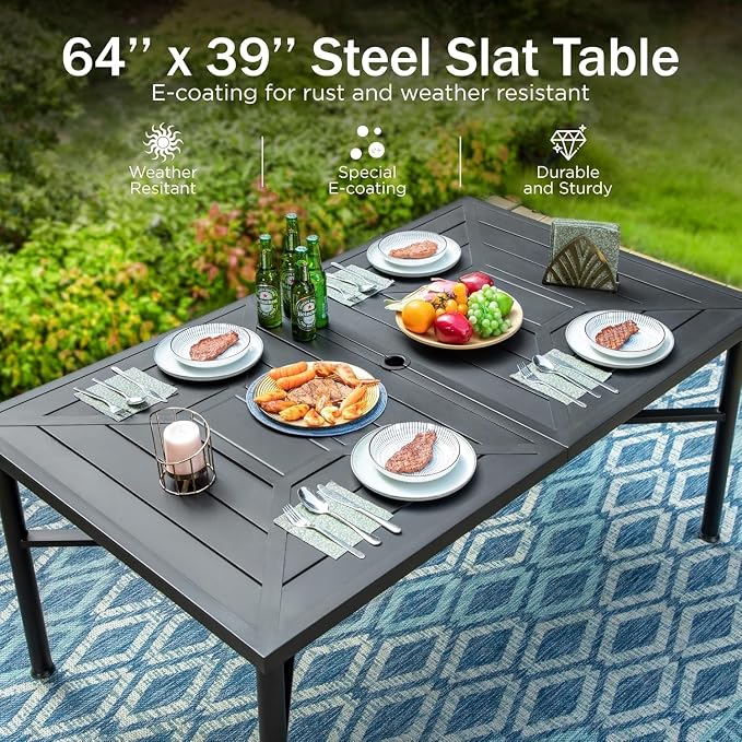 PHI VILLA 7 Piece Patio Dining Set, 64" Steel Table | Outdoor Dining Set for 6 for Patio, Deck, Yard, Garden
