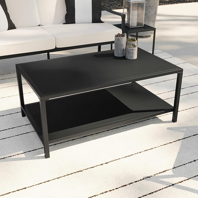 Martha Stewart Lily Pond All-Weather Patio Coffee Table with Lower Display Shelf and Steel Frame in Black