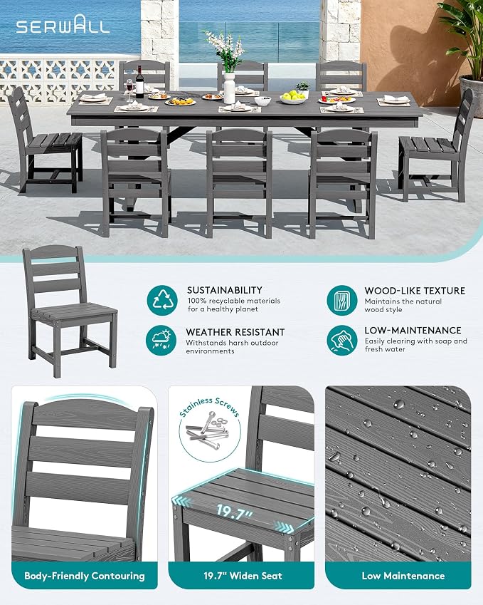 SERWALL 9 Piece Outdoor Dining Set, 84" HDPE Outdoor Table and Armless Chairs Set for 8，All Weather Patio Furniture Set with Umbrella Hole for Backyard, Garden, Gray