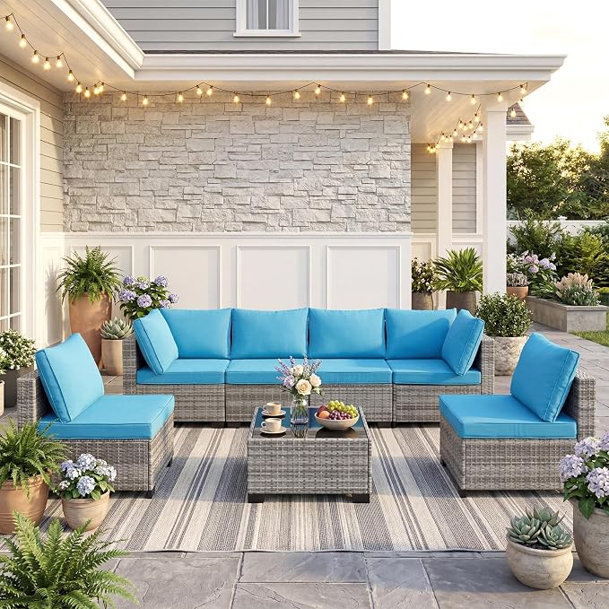 ANJ 7 Piece Outdoor Wicker Patio Furniture Set, Modular Loveseat Sofa with with Glass Top Coffee Table, All-Weather Rattan Conversation Couch Set for Balcony, Backyard, Light Grey Wicker-Turquoise