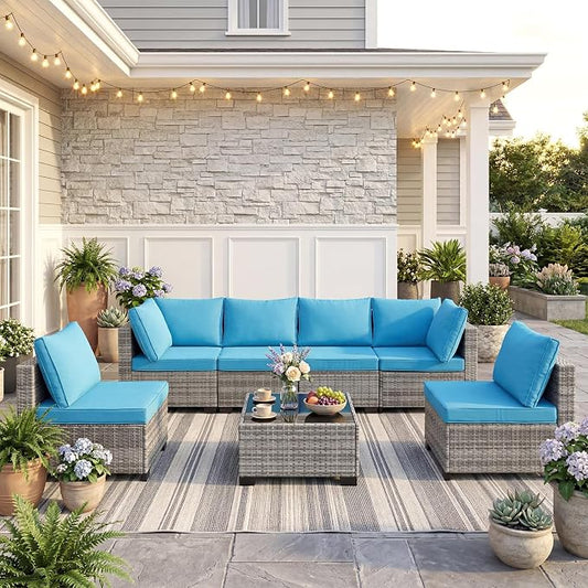 ANJ 7 Piece Outdoor Wicker Patio Furniture Set, Modular Loveseat Sofa with with Glass Top Coffee Table, All-Weather Rattan Conversation Couch Set for Balcony, Backyard, Light Grey Wicker-Turquoise