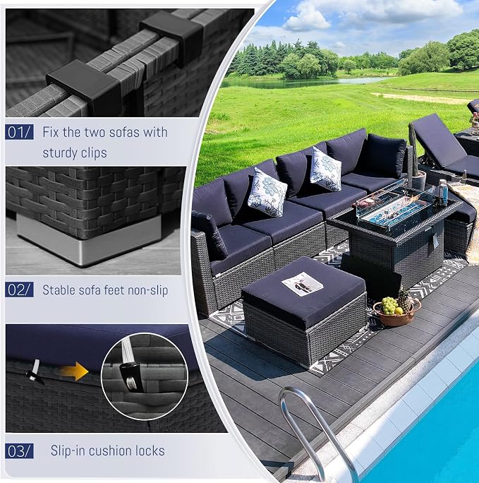 BULEXYARD 11 Piece High Back Outdoor Patio Set with Firepit, Extra Large Backyard Furniture Sectional Couch 10-Seater Modular, XL Big Wide Deep Outside Seating Area for Exterior, Grey & Navy Blue