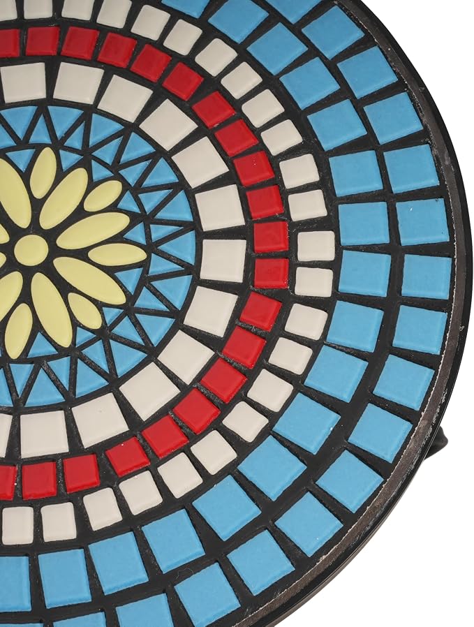 Outdoor Metal Side Table with Ceramic Tile Top Mosaic Patio Side Table and Plant Stand Tables, Round Side Table Iron End Tables for Yard Porch Balcony Garden, Daisy Blue