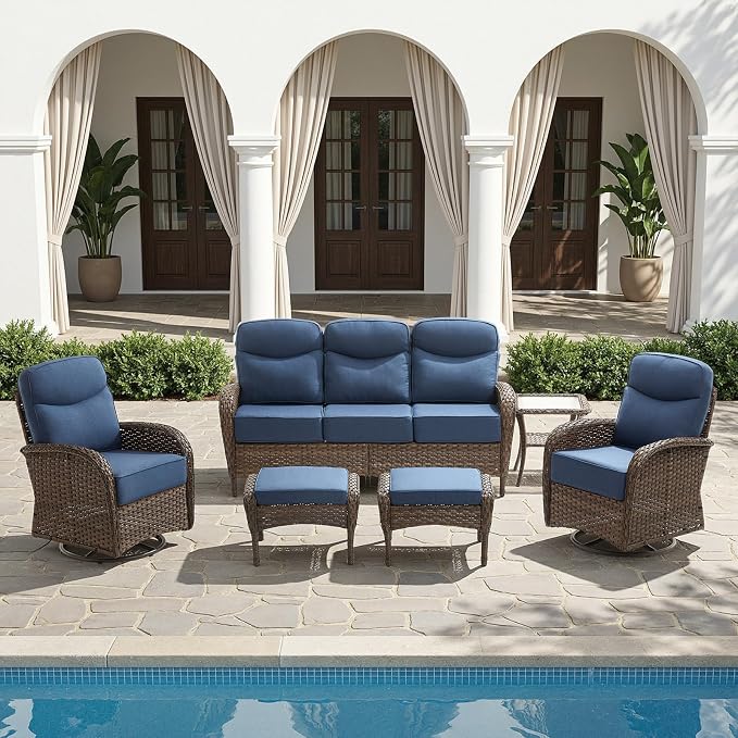 HUMMUH 5-Piece Patio Furniture Set with Upgraded 6" Thick Cushion - High Back Outdoor Swivel Rocker Chairs with 3-Seater Sofa,Ottomans,Wicker Outdoor Conversation Set for Deck,Porch,Yard,Poolside