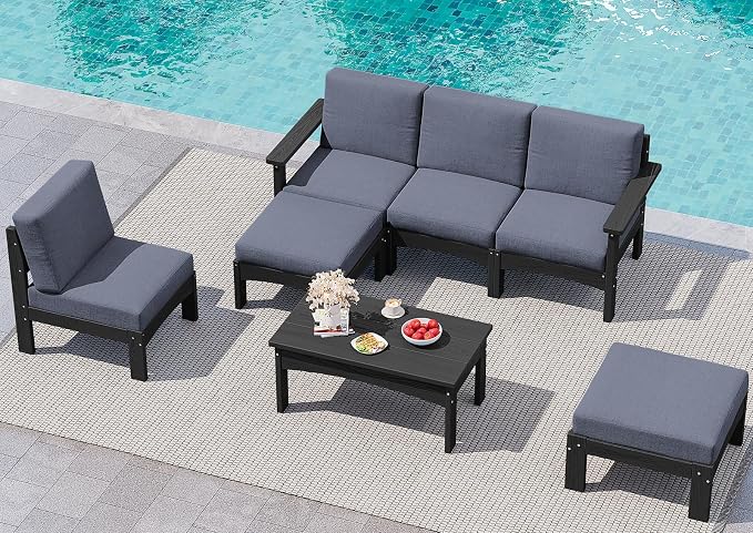 SERWALL HDPE Patio Furniture Set,7 Pieces Patio Conversation Set, All-Weather Modular Patio Sofa Set with Removable Cushions and Coffee Table for Deck, Garden, Porch, Black Frame with Grey Cushion