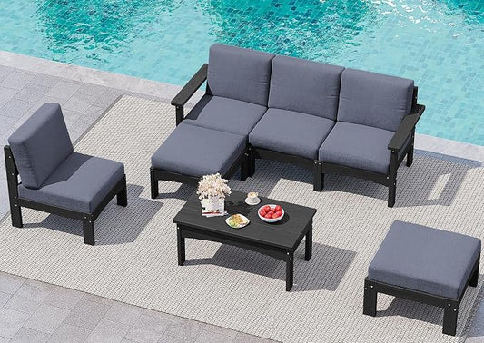 SERWALL HDPE Patio Furniture Set,7 Pieces Patio Conversation Set, All-Weather Modular Patio Sofa Set with Removable Cushions and Coffee Table for Deck, Garden, Porch, Black Frame with Grey Cushion