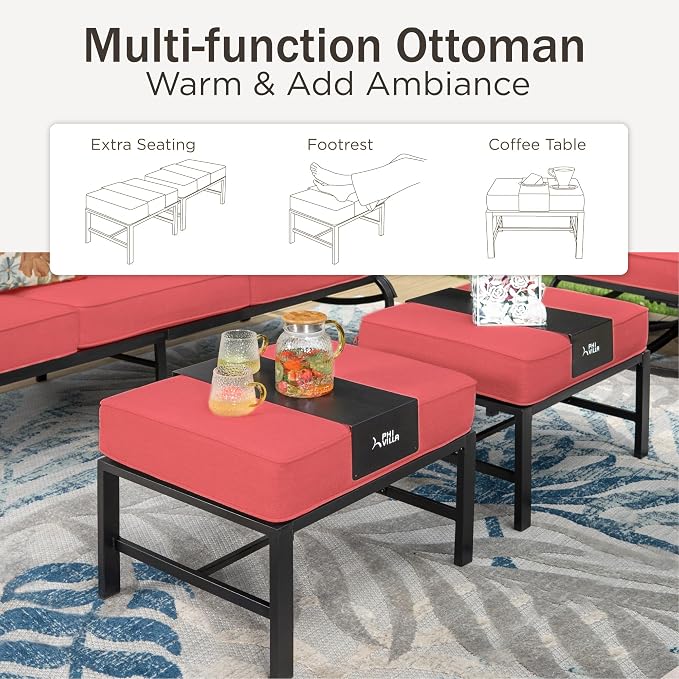 PHI VILLA 5 Piece Metal Patio Furniture Set with 5.75" Cushion, Modern Outdoor Furniture Set with 3 Seater Patio Sofa, 2 Swivel Chairs & 2 Ottoman, Deep Seat Patio Conversation Sets for Garden, Red