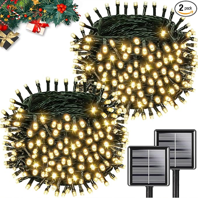 KAQ 2pack 200LED Solar String Lights Outdoor Waterproof Warm White | Total 66FT Flexible Wire With Bright LEDs, 8 Twinkle Modes with Memory, Auto On/Off Easily Decorates Trees, Fences, Garden