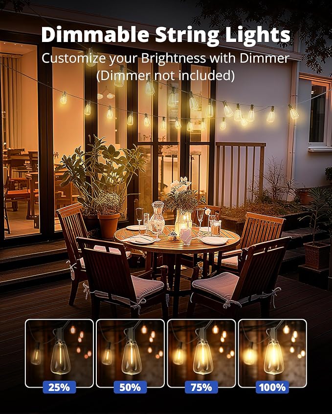 VIPAR Outdoor String Lights, 30FT LED Patio Lights Waterproof 14 ST38 Bulbs | Shatterproof,Edison Outside Lights,Plug-In,2700K Dimmable, Connectable, Hanging Light for Porch Garden Backyard Deck Balcony
