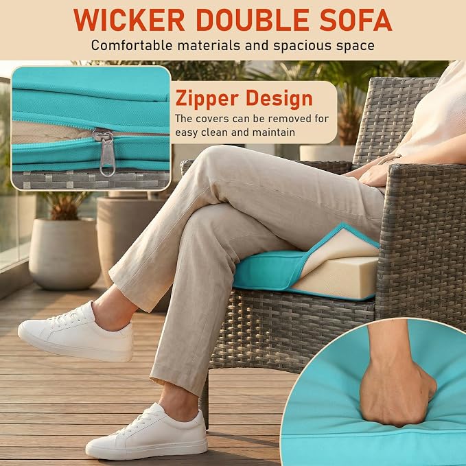 3 Pieces Patio Furniture Outdoor Bistro Set Outdoor&Indoor Conversation Set Coffee Table Chairs Set for 2 with Water-Resistant Cushions for Lawn Yard Garden Porch Balcony and Pool,Grey and Blue