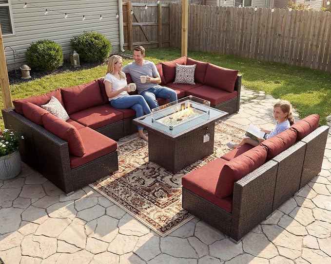 NICESOUL 11 Piece Modern Outdoor Patio Furniture Set with Firepit Propane/Natural Gas, 29.3'' High Back Wicker Conversations, 10 Seater Large Wide Sectional for Outside, Brown Rattan and Red Cushion