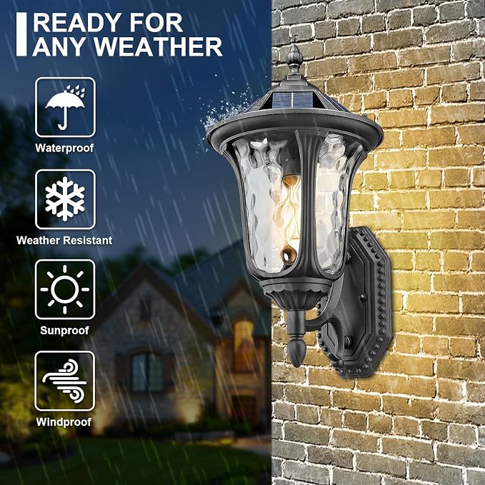Outdoor Light Fixtures Wall Mount Dusk to Dawn Solar Exterior Wall Sconce Lanterns Remote Control with Water Ripple Glass Lamp Shade for Patio Yard House Hallway, 17'' Medium Black