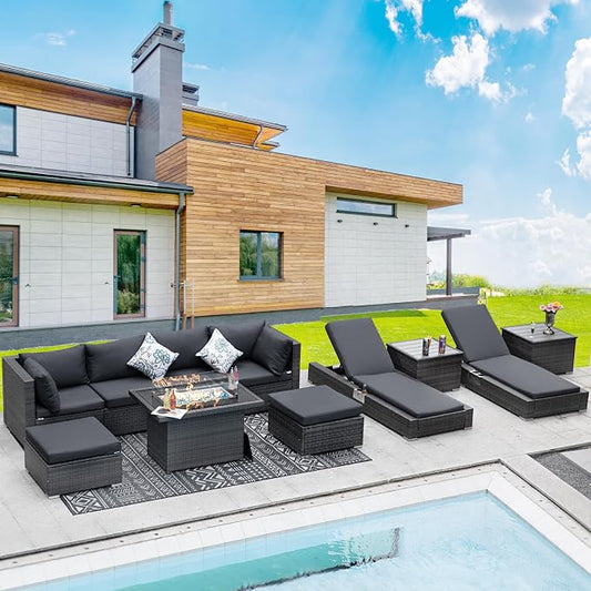 BULEXYARD 11 Piece Large High Back Grey Rattan Patio Furniture Sets with Firepit and Loungers, Comfortable Extra Deep Wide Seat Outdoor Sectional Conversation Couch Sofa Modualr All-Weather, Dark Gray