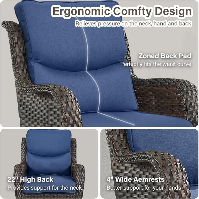 Outdoor Swivel Rocker Patio Chairs with 5" Thick Cushion - 3 Piece Wicker Bistro Set with Side Table, High Back Comfty Outdoor Glider Chairs for Balcony, Porch, Deck, Poolside - Brown-Blue
