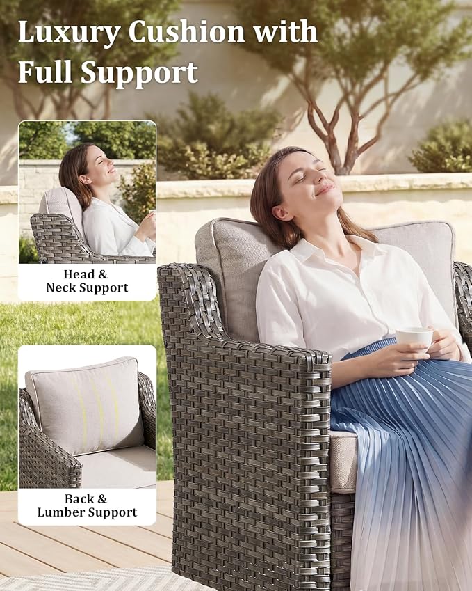 Outdoor Furniture Set of 3, Patio Furniture Set with 3-seat Sofa, and 2 Ottomans, High Back&Deep Seat for Garden Deck Porch Balcony Backyard - Beige