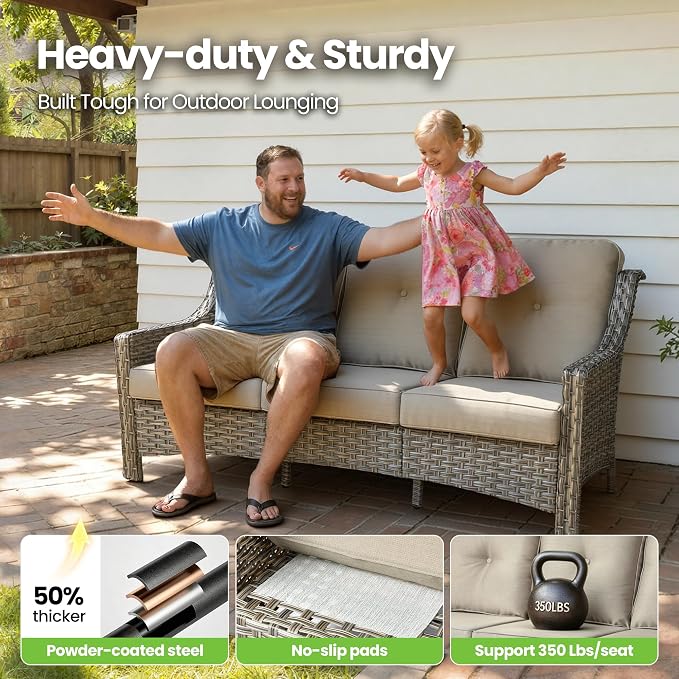 8 Piece Patio Furniture Set with Fire Pit Table, All Weather Wicker High Back Sofa Chairs Ottoman with Thick Cushion, Outdoor Conversation Sets for Large Backyard Deck Garden, Beige