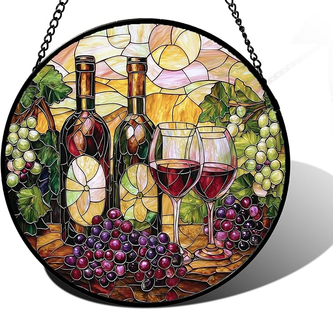 DASTOLL Stained Glass Window Hanging, Grapes and Wine Suncatcher Diamond Glass Panel Hangings Sun Catchers Decor for Birthday for Women, Men, Wife, Aunt, and Mom 9.8 in
