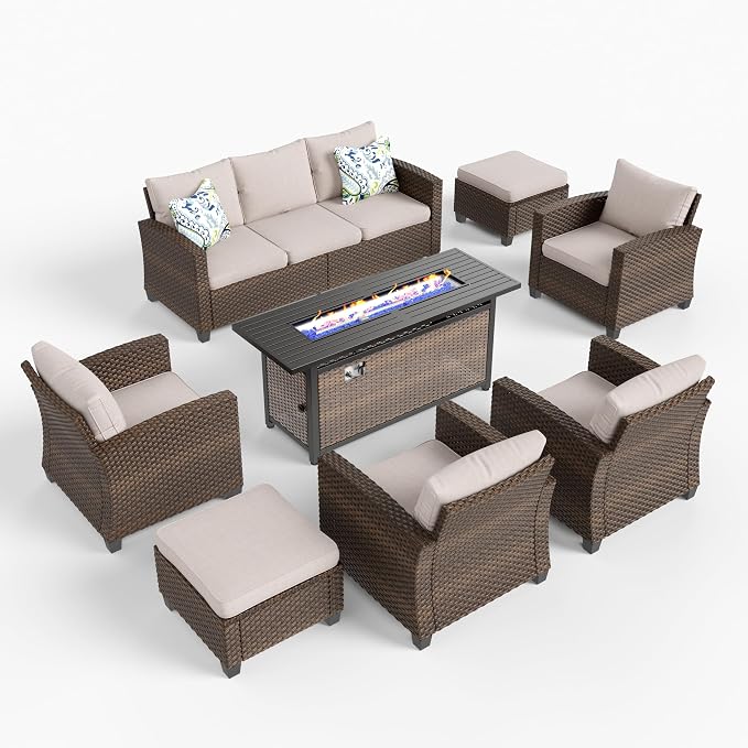 HERA'S HOUSE Patio Furniture Set, Outdoor Wicker Furniture with Fire Pit, 8 Pieces Deep Seating Outdoor Conversation Sofa Sets with Thick Cushions for Deck Backyard Lawn, Beige