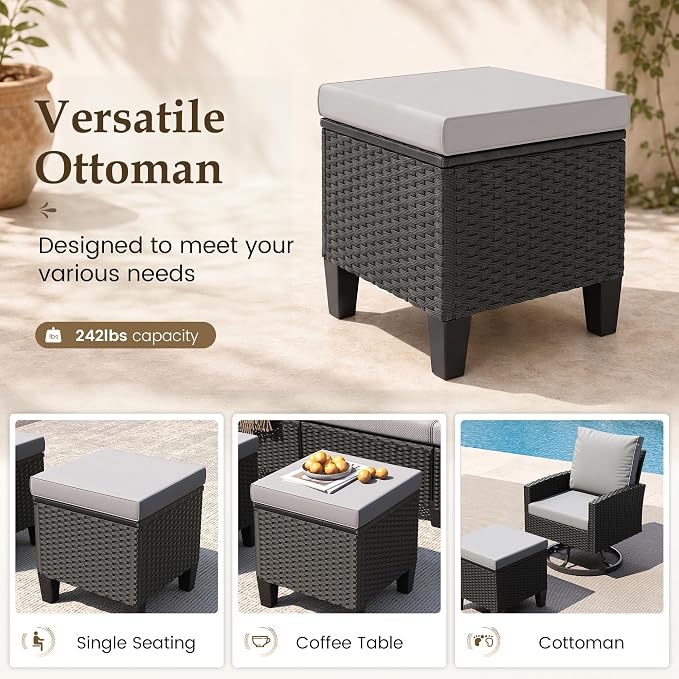 UDPATIO Patio Furniture Set with Fire Pit Table, 7 Pieces Outdoor Conversation Sets with Swivel Chairs and Ottomans, All-Weather Rattan Wicker Patio Sofa Couch for Backyard, Deck, Porch, Grey/Black